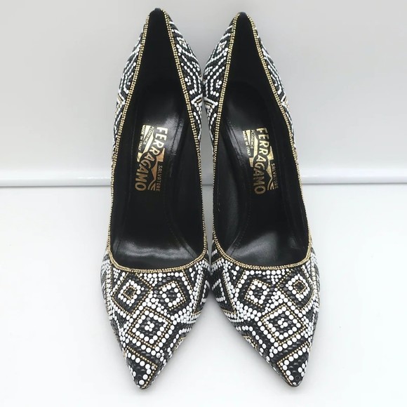 Salvatore Ferragamo Fiore Mosaic Beaded Pumps Size 10 Pointed Toe Heels - Picture 3 of 12